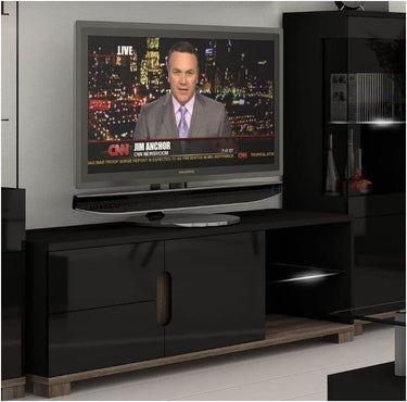 Premium Black Gloss TV Unit with Oak Effect, Two Drawers, and Ample Storage - UK Luxury Furniture